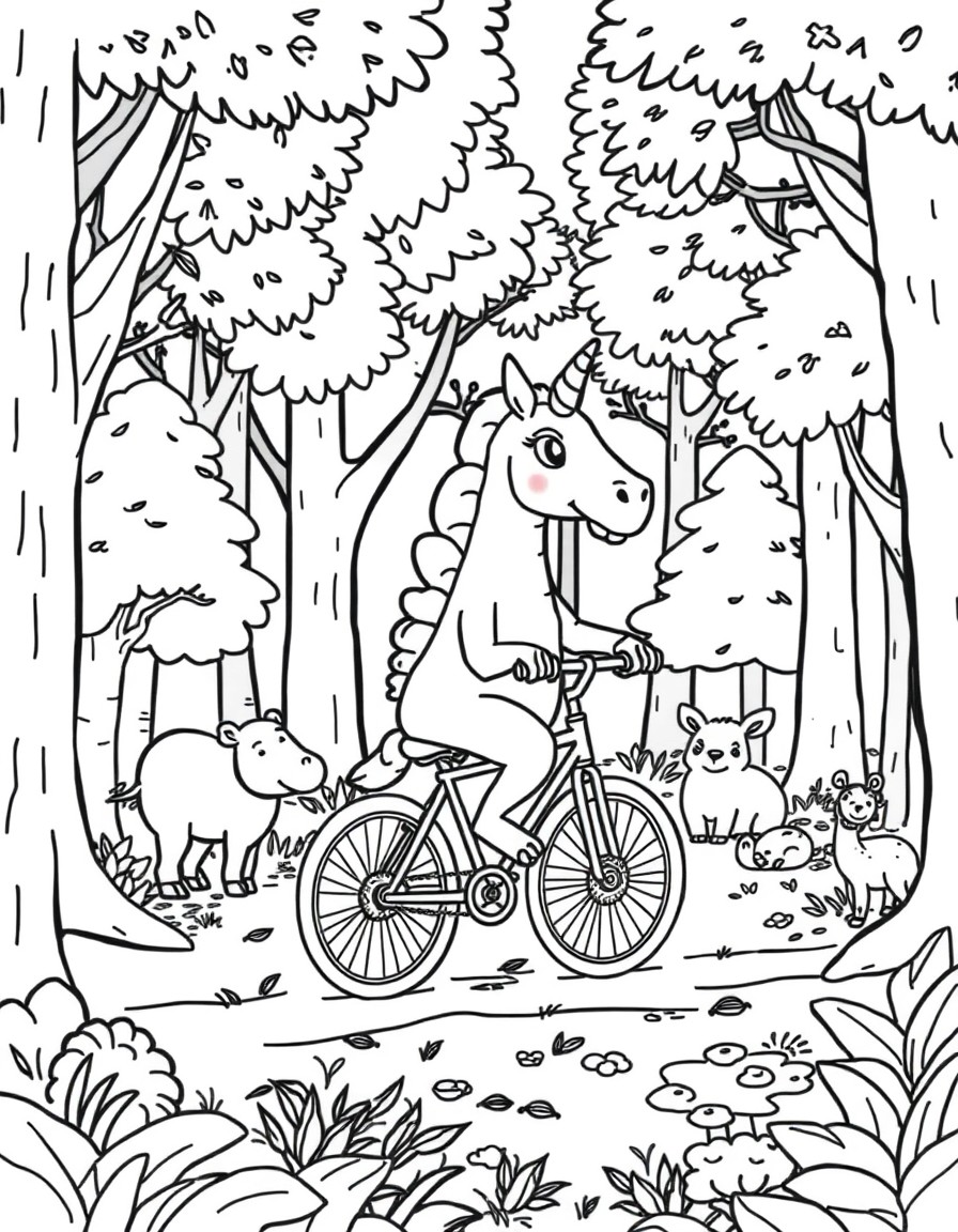 A dinsoure riding a bike in the forest with trees and animals