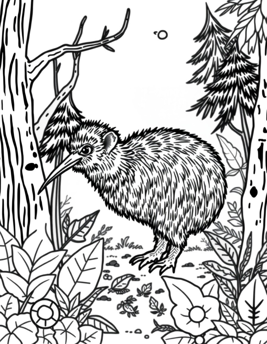 New zealand themed cute kiwi amongst forest