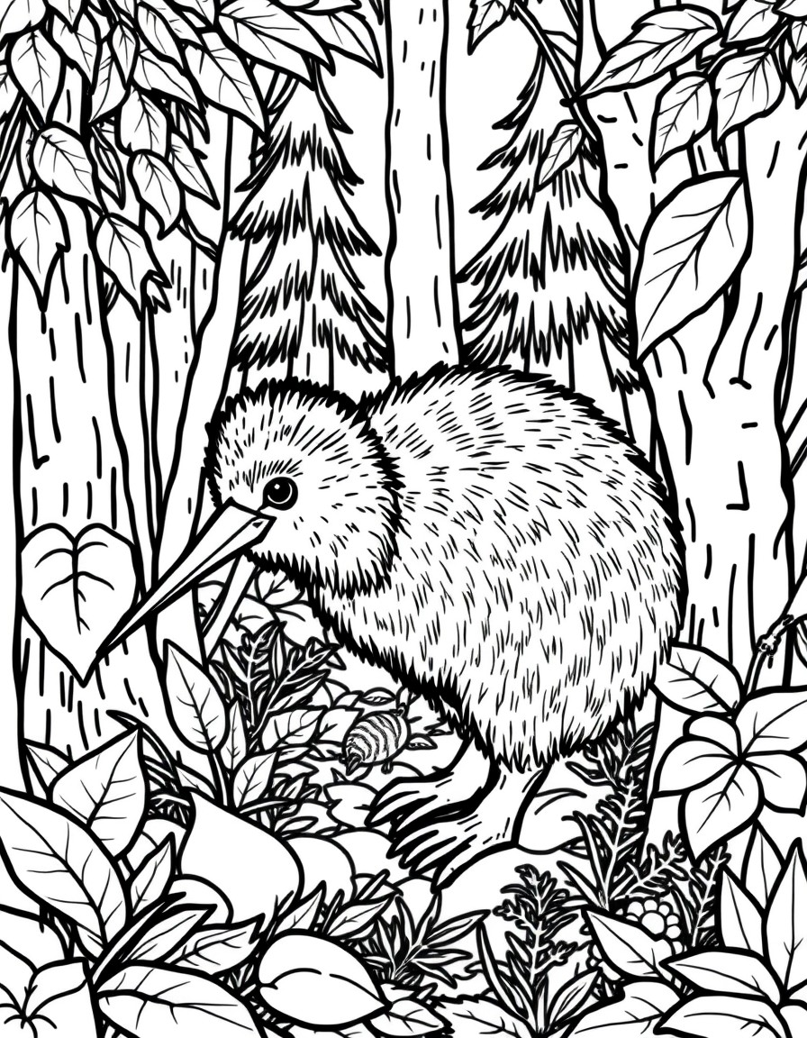 New zealand themed cute kiwi amongst forest
