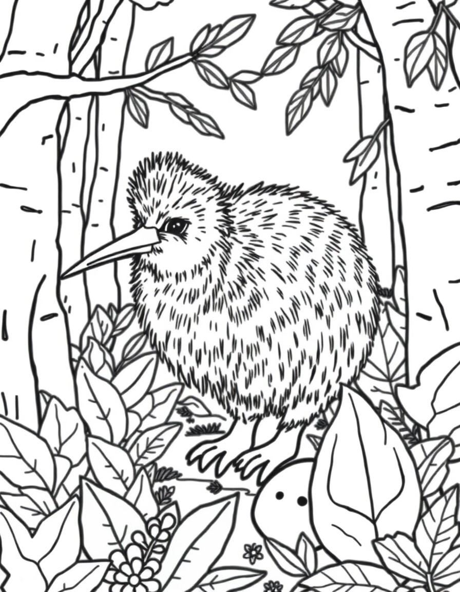 New zealand themed cute kiwi amongst forest