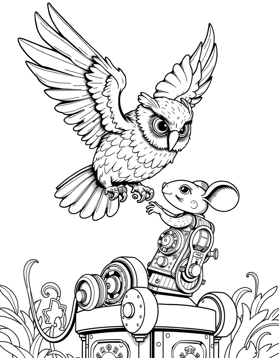 Theme Park mechanical owl flying to catch a vintage mechanical wind-up mouse in Victorian style