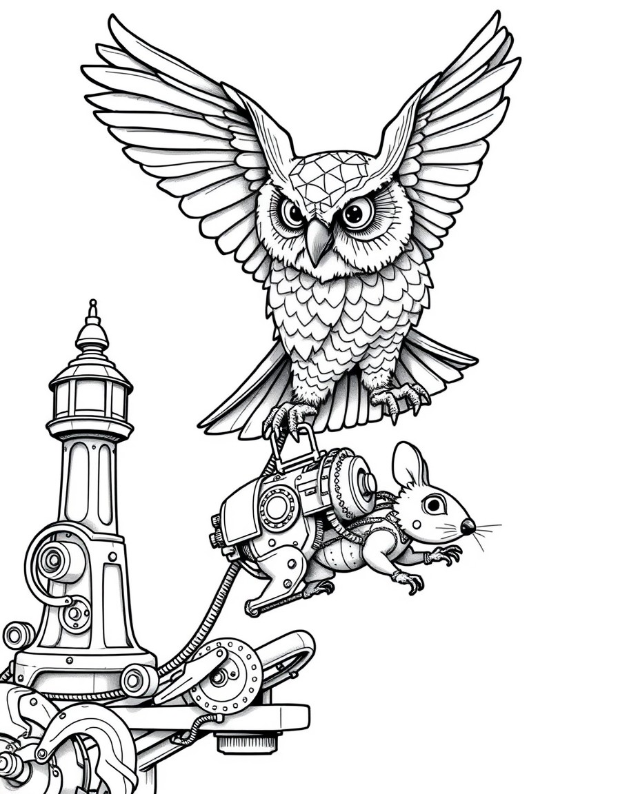Theme Park mechanical owl flying to catch a vintage mechanical wind-up mouse in Victorian style