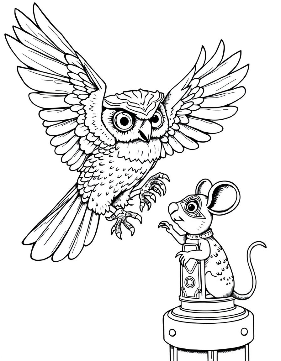 Theme Park mechanical owl flying to catch a vintage mechanical wind-up mouse in Victorian style
