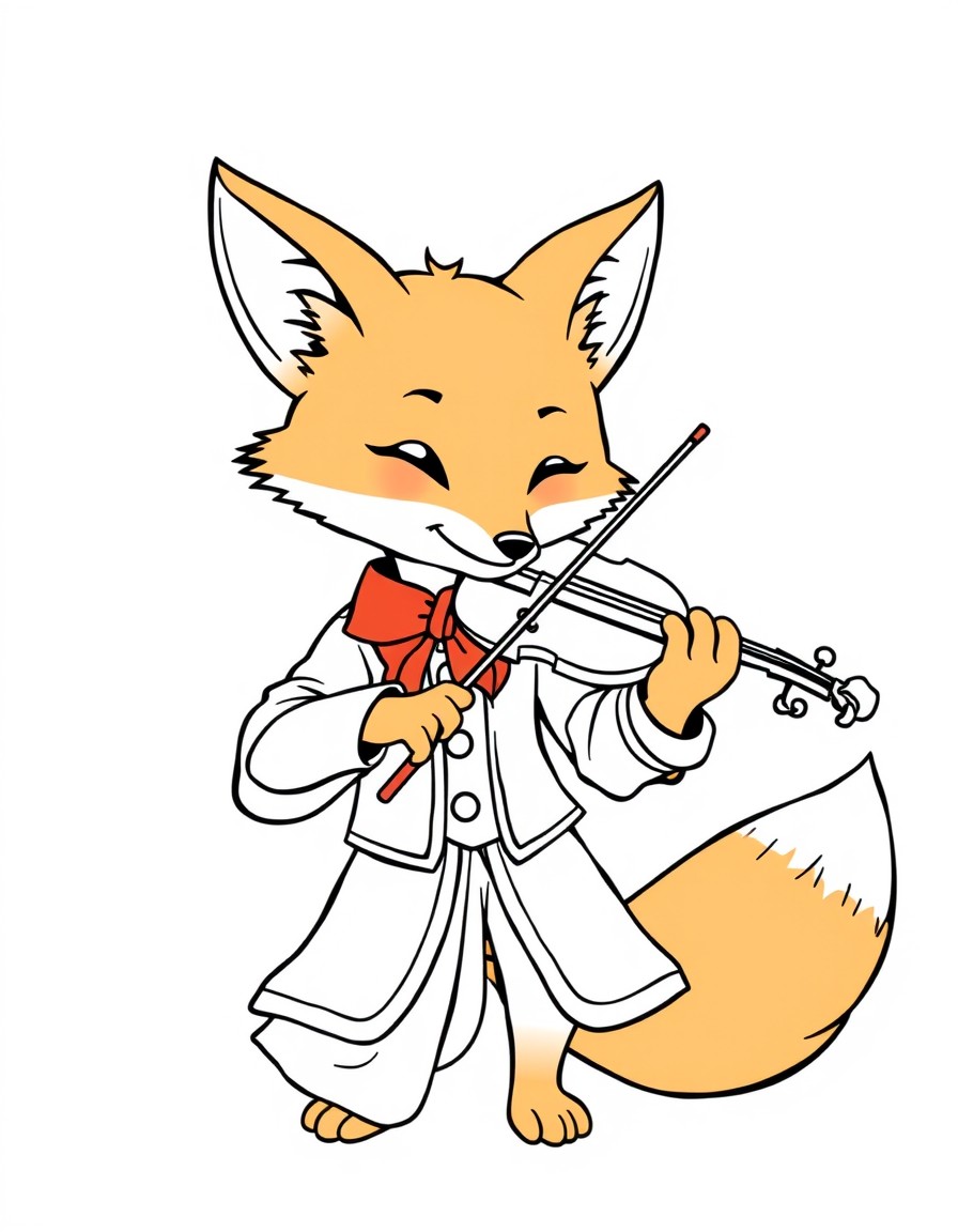 An orange fox with a red collar with elegant clothes playing the violin