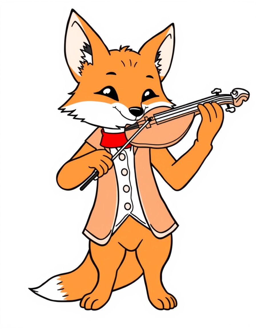 An orange fox with a red collar with elegant clothes playing the violin