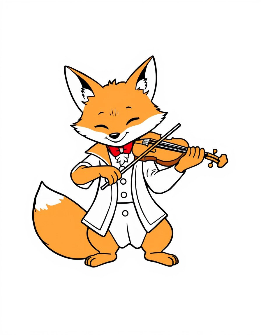 An orange fox with a red collar with elegant clothes playing the violin