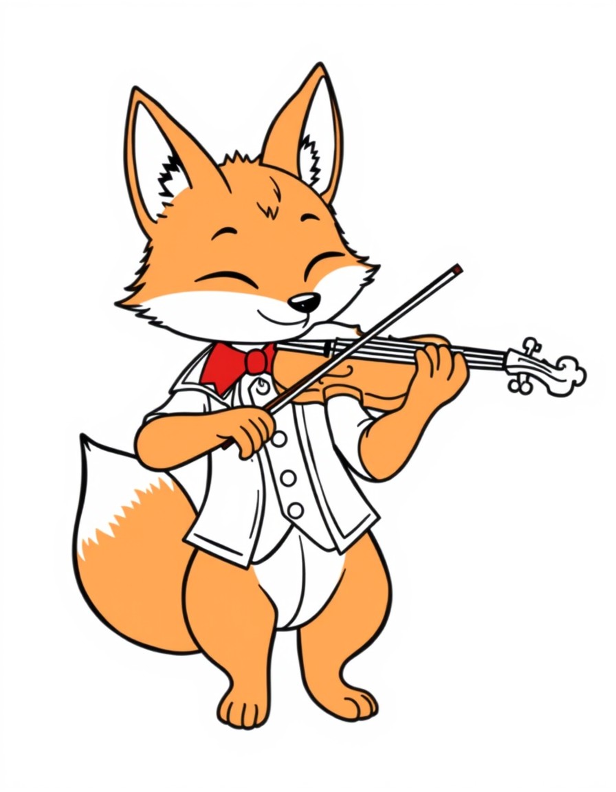 An orange fox with a red collar with elegant clothes playing the violin