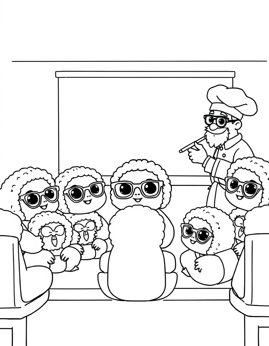 Baby sushi rolls with tiny glasses sitting in a classroom while a wise sushi chef teaches with a chalkboard.