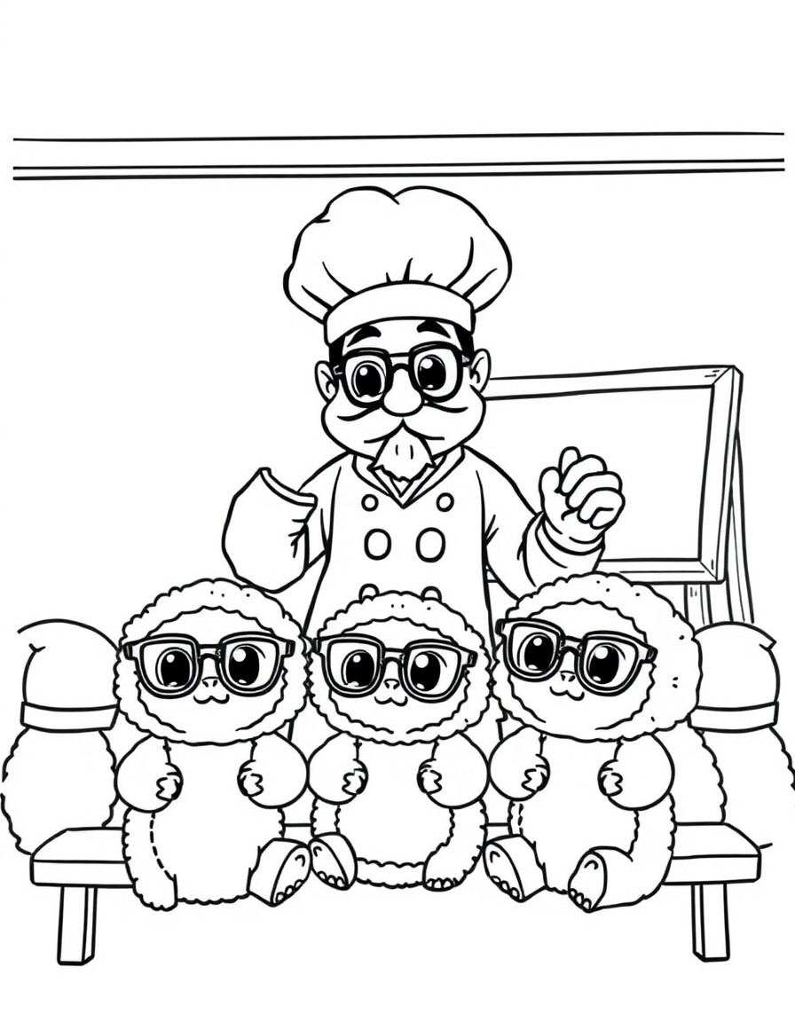 Baby sushi rolls with tiny glasses sitting in a classroom while a wise sushi chef teaches with a chalkboard.