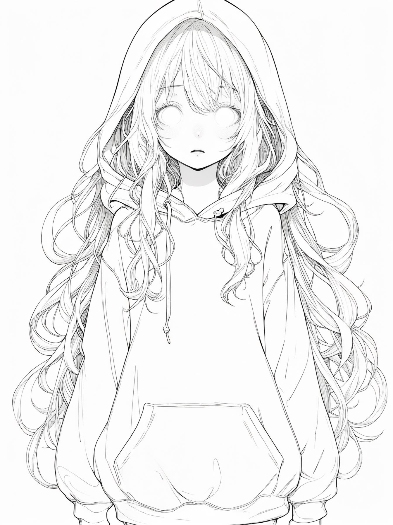Full body little anime girl with long white wavy hair, white gleaming eyes, and white skin in a white majorly oversized hoodie withe the hood down.