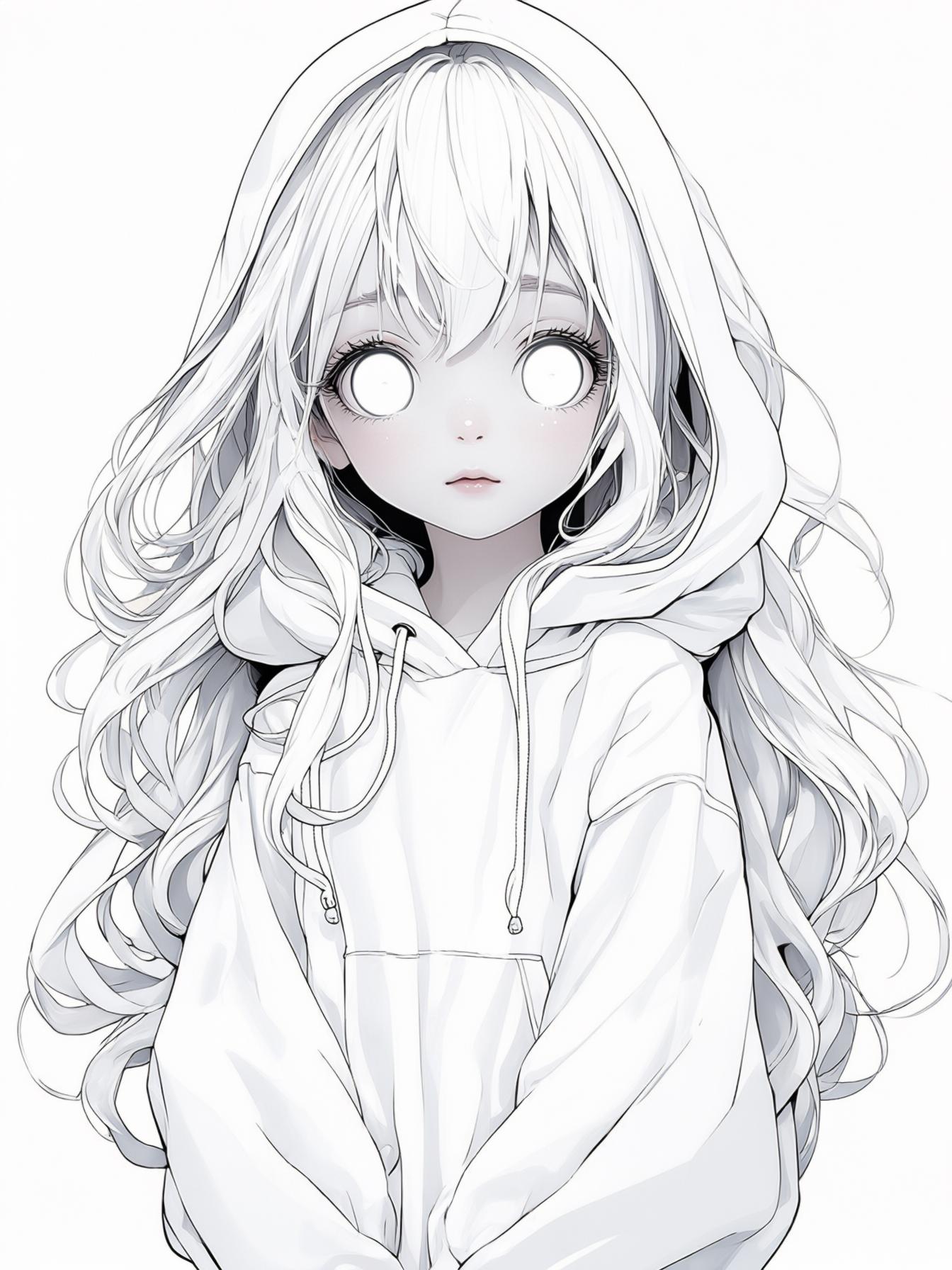 Full body little anime girl with long white wavy hair, white gleaming eyes, and white skin in a white majorly oversized hoodie withe the hood down.