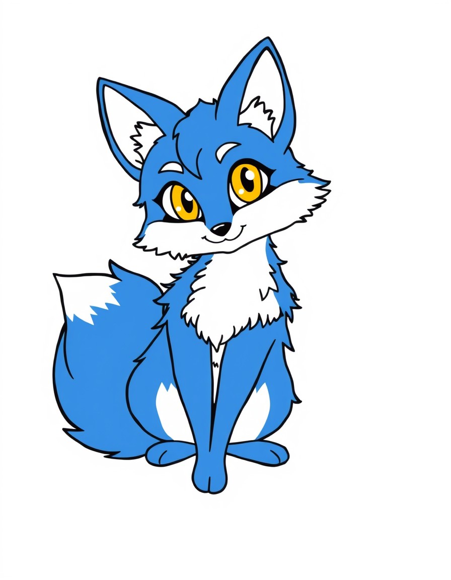 blue, fluffy female fox with bright blue and white fur, large yellow irises, and a humanoid body. She has a playful expression, elegant fox ears, a lively fluffy tail, and animal legs, sitting gracefu