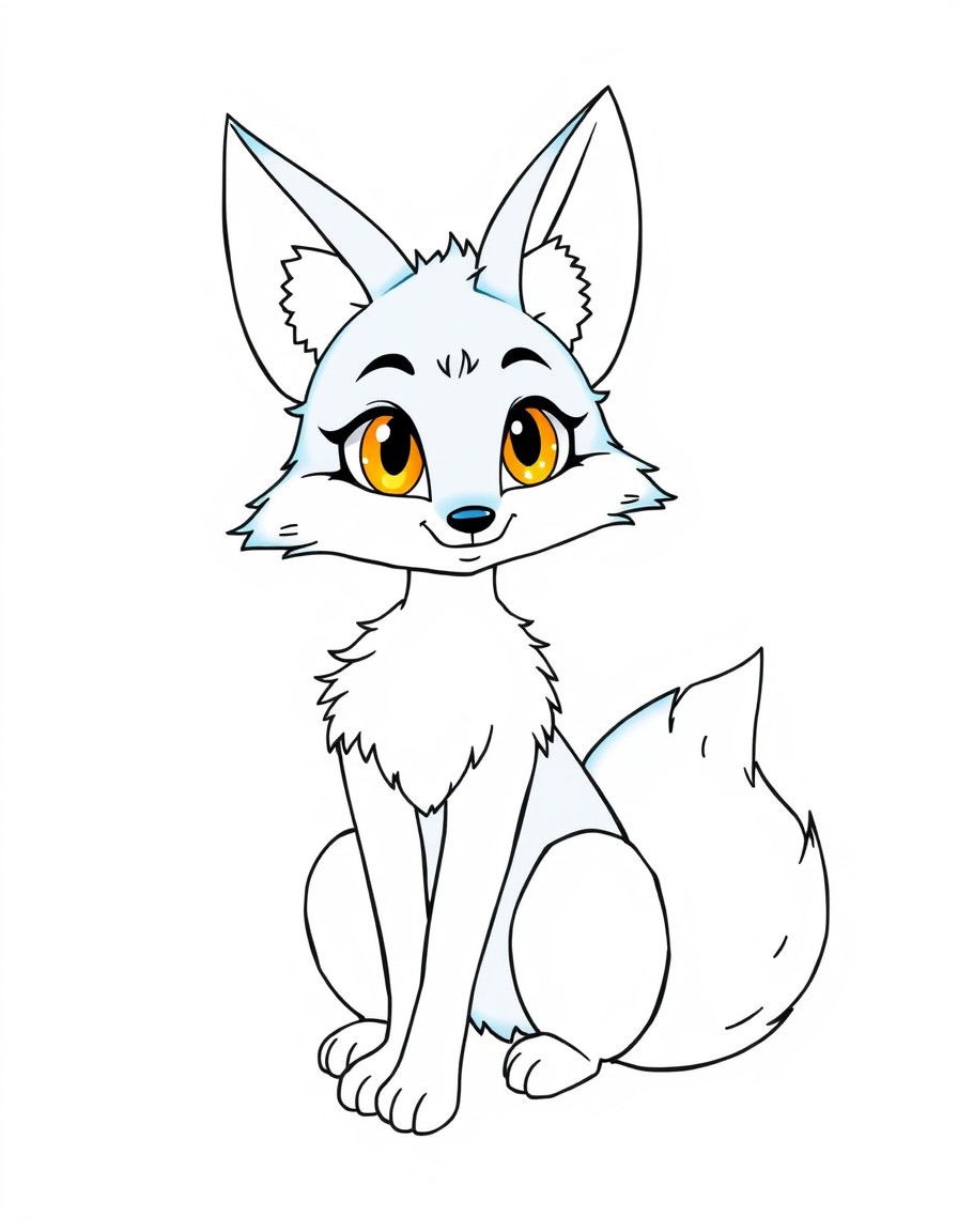 blue, fluffy female fox with bright blue and white fur, large yellow irises, and a humanoid body. She has a playful expression, elegant fox ears, a lively fluffy tail, and animal legs, sitting gracefu