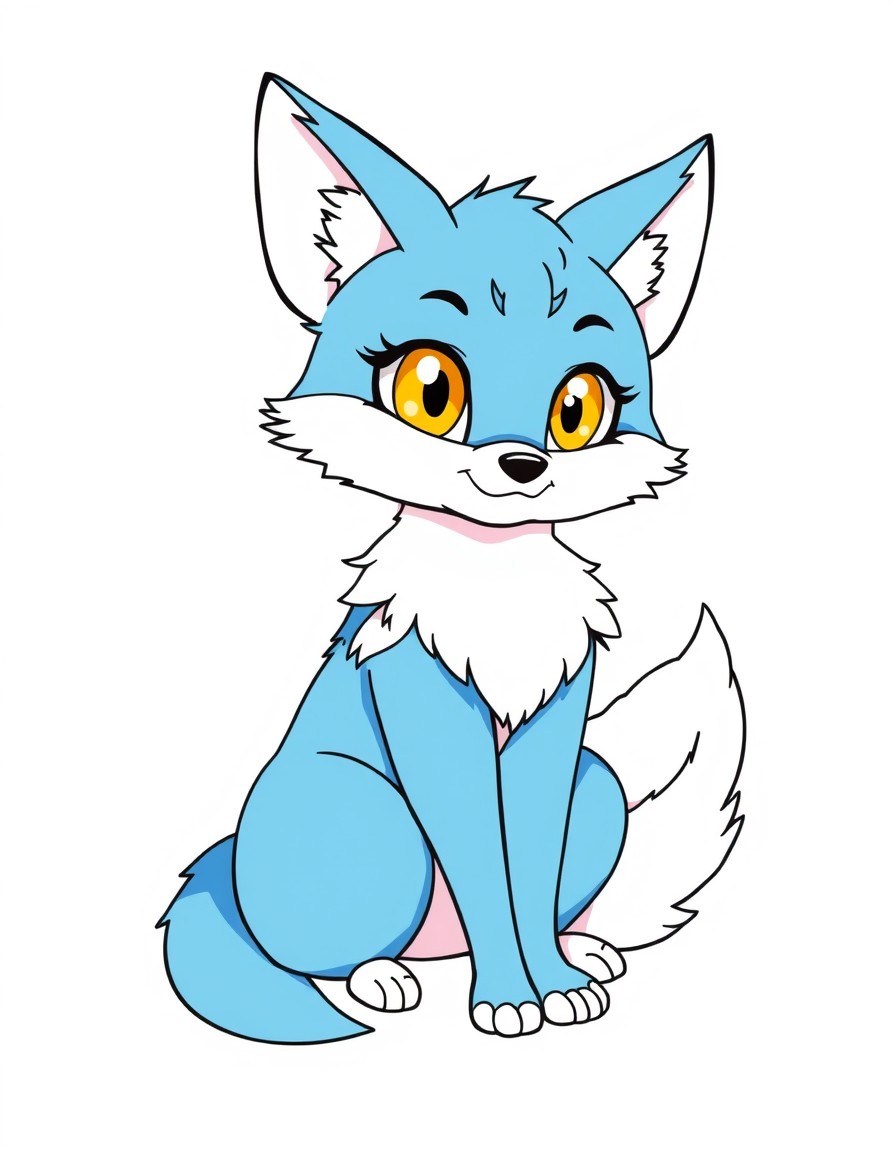 blue, fluffy female fox with bright blue and white fur, large yellow irises, and a humanoid body. She has a playful expression, elegant fox ears, a lively fluffy tail, and animal legs, sitting gracefu