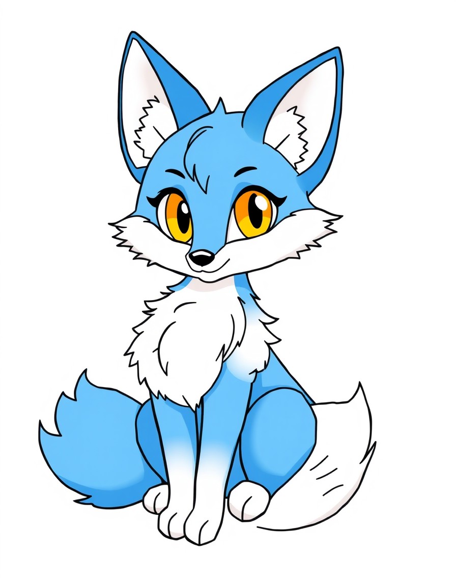 blue, fluffy female fox with bright blue and white fur, large yellow irises, and a humanoid body. She has a playful expression, elegant fox ears, a lively fluffy tail, and animal legs, sitting gracefu