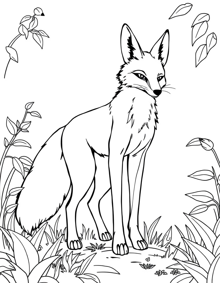 Anthro female fox standing in dynamic pose in jungle