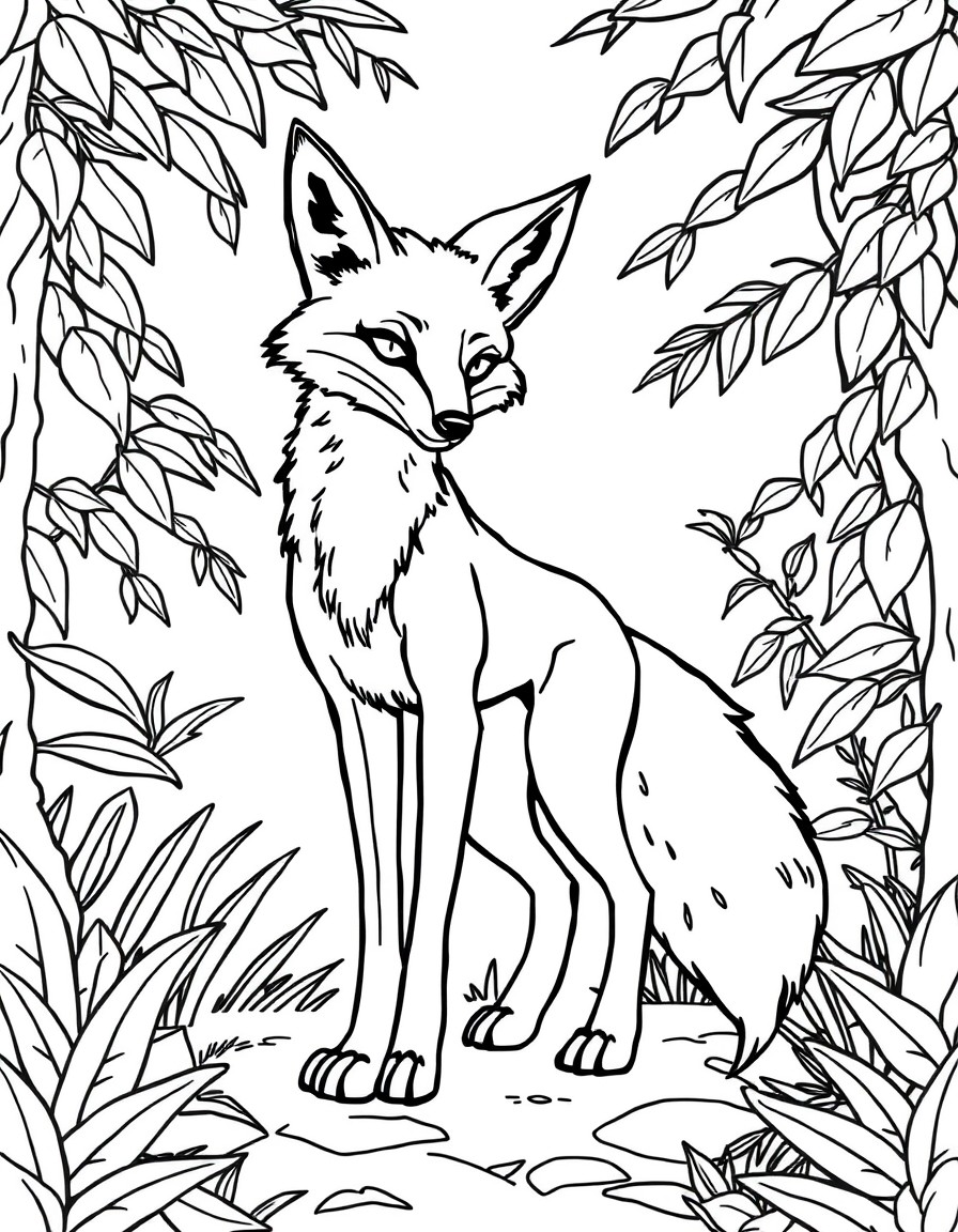 Anthro female fox standing in dynamic pose in jungle