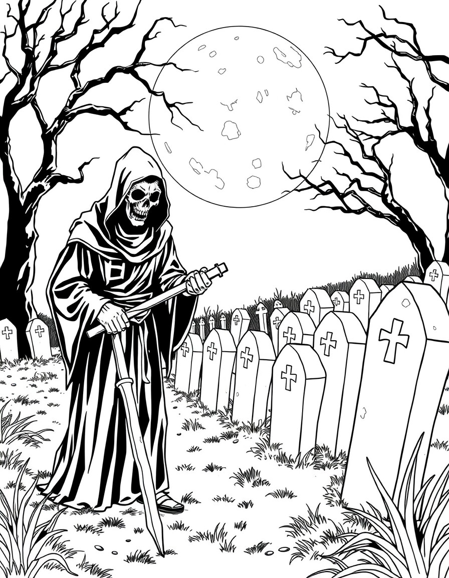 A creepy gravekeeper tending to a row of graves under the moonlight.