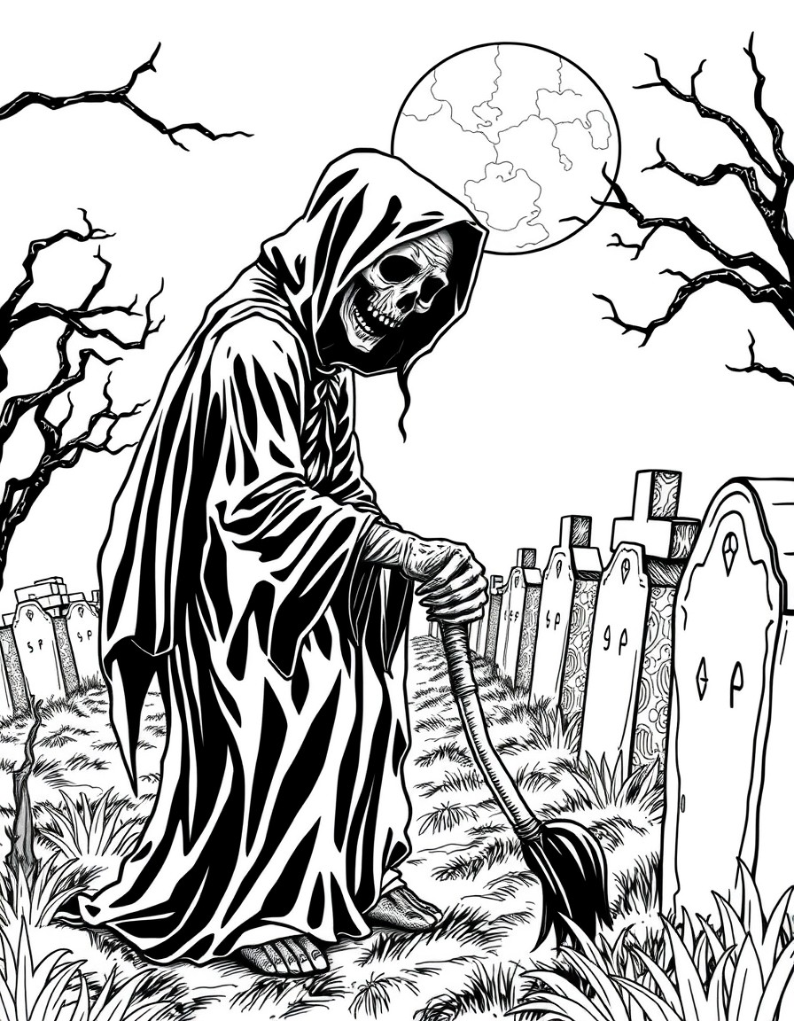 A creepy gravekeeper tending to a row of graves under the moonlight.
