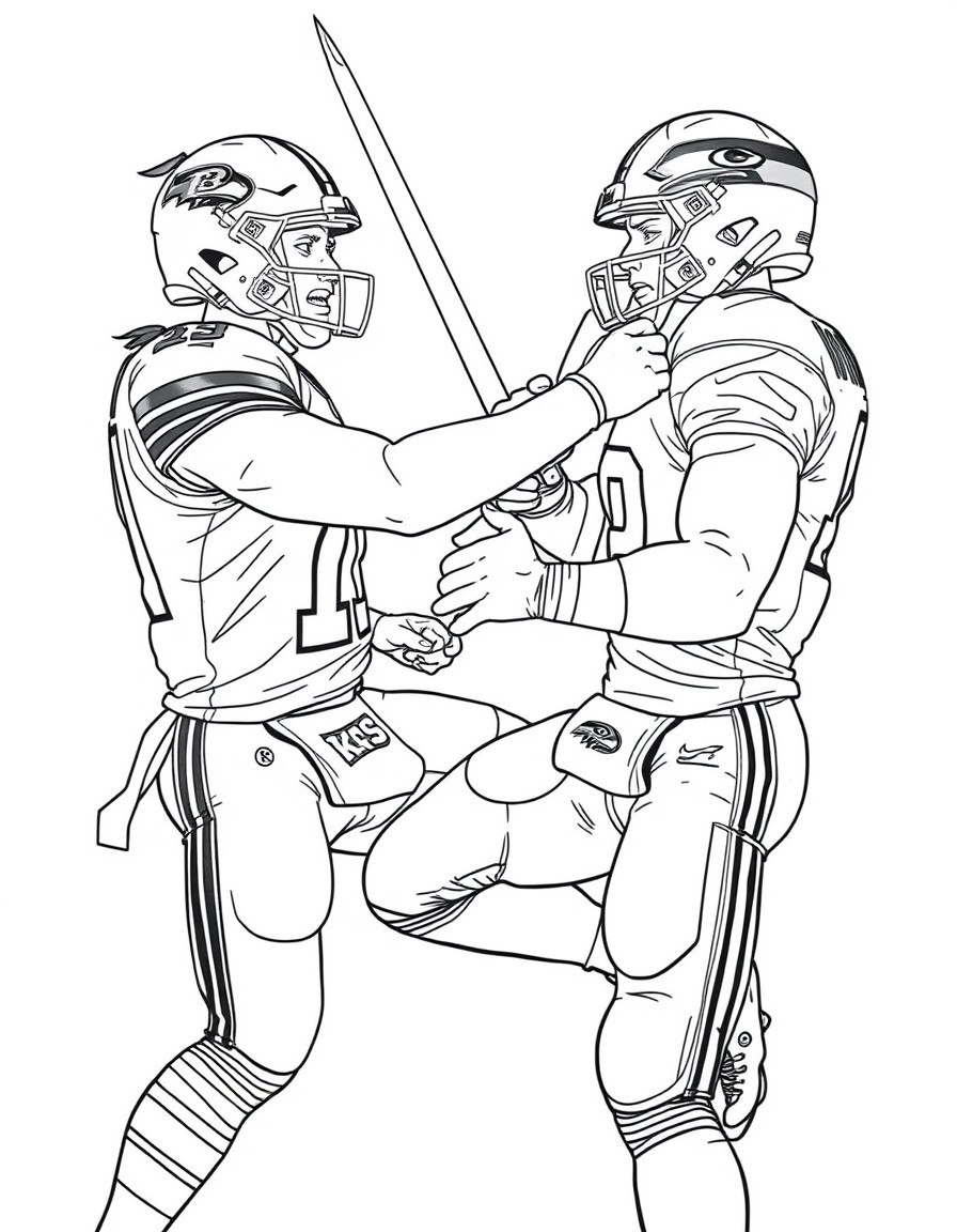 Patrick mahomes and Russell Wilson fighting to the death with swords