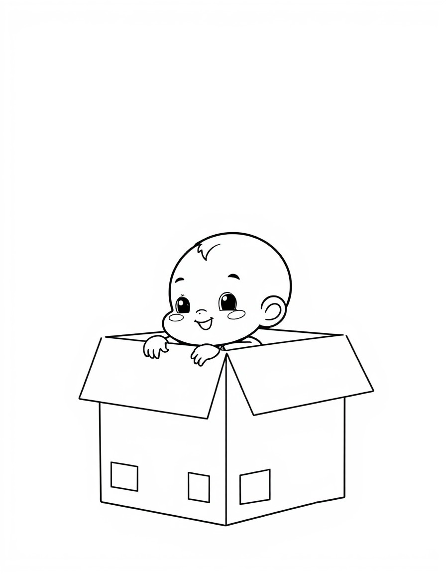 A soft 2D illustration set against a pastel-colored background featuring an adorable Baby Three depicted at a slight angle. Baby Three  is comfortably nestled inside a cardboard box adorned with a glo