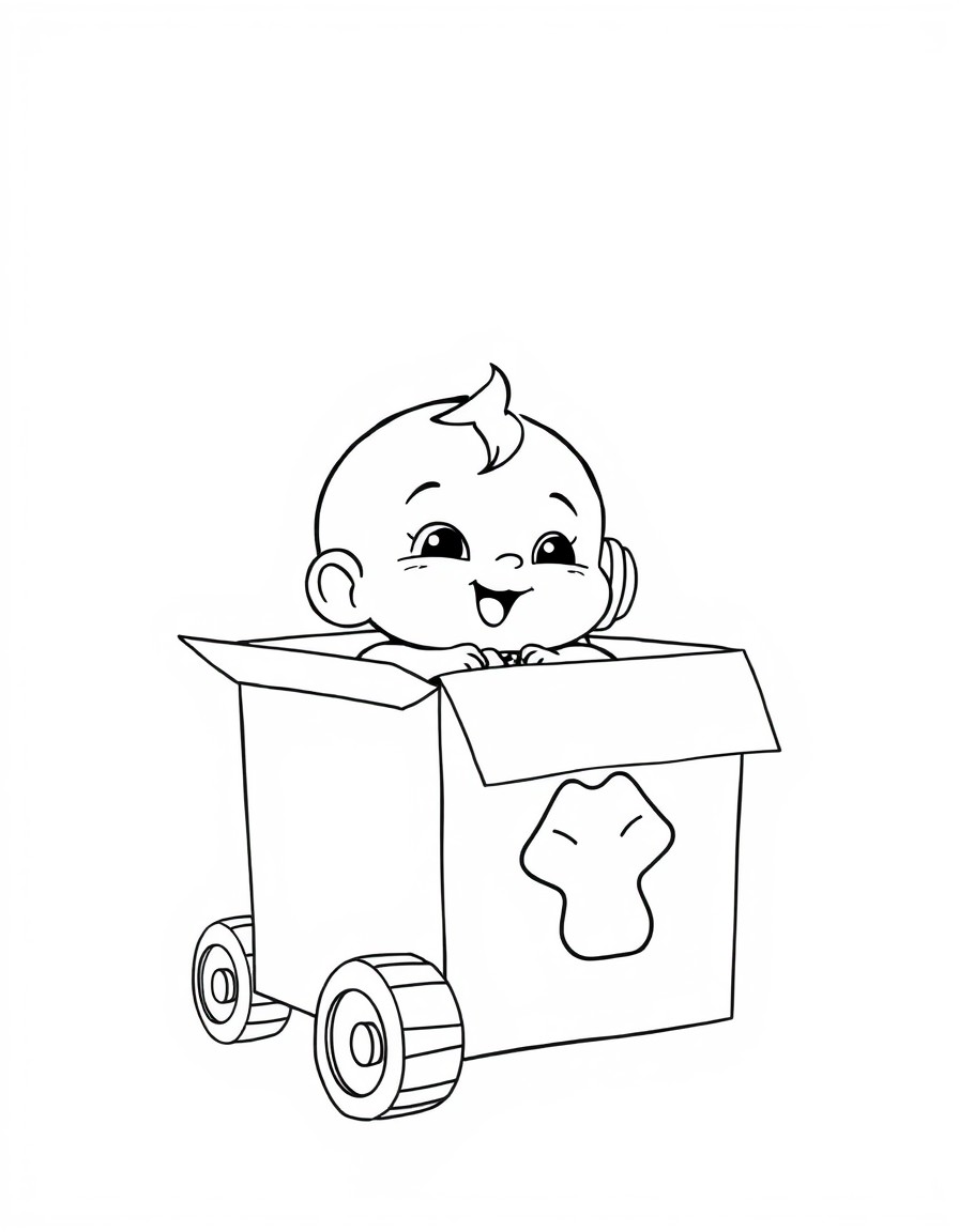 A soft 2D illustration set against a pastel-colored background featuring an adorable Baby Three depicted at a slight angle. Baby Three  is comfortably nestled inside a cardboard box adorned with a glo