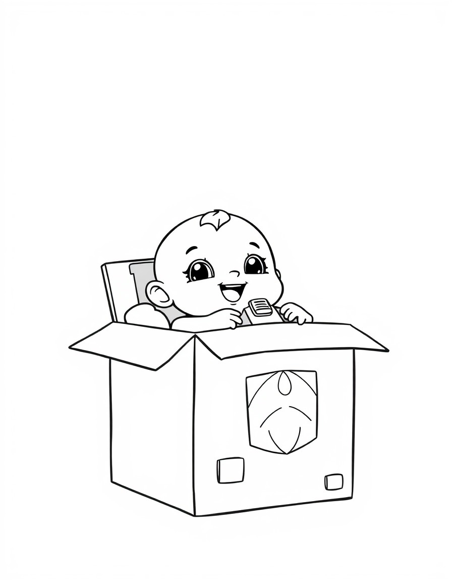 A soft 2D illustration set against a pastel-colored background featuring an adorable Baby Three depicted at a slight angle. Baby Three  is comfortably nestled inside a cardboard box adorned with a glo