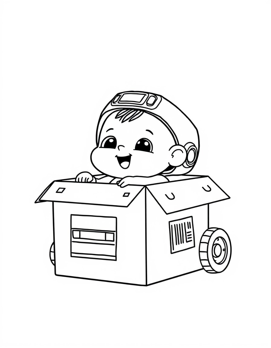 A soft 2D illustration set against a pastel-colored background featuring an adorable Baby Three depicted at a slight angle. Baby Three  is comfortably nestled inside a cardboard box adorned with a glo