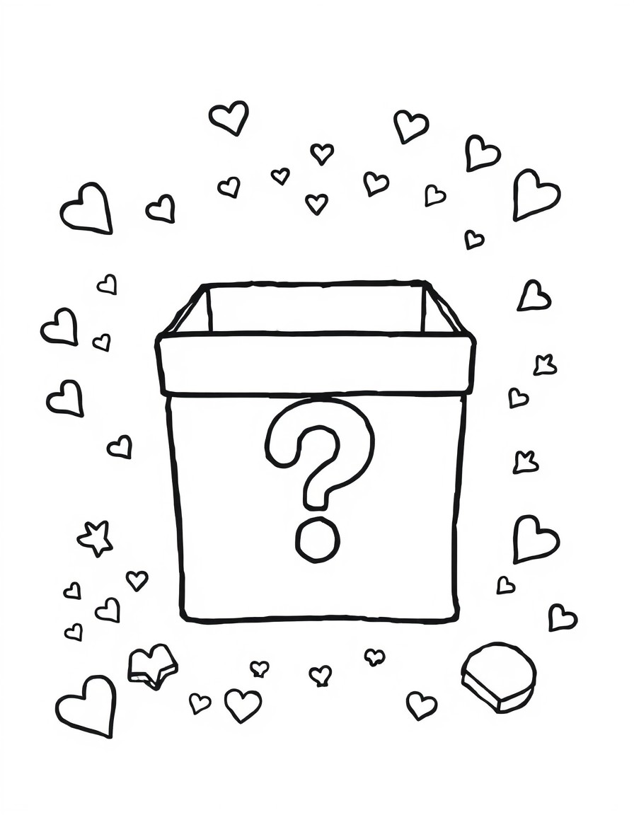 A clean black-and-white illustration of a blind box surrounded by small mystery items like stars hearts and question marks. The blind box has bold outlines a large question mark on the front and a rib