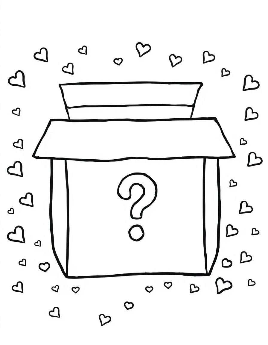 A clean black-and-white illustration of a blind box surrounded by small mystery items like stars hearts and question marks. The blind box has bold outlines a large question mark on the front and a rib