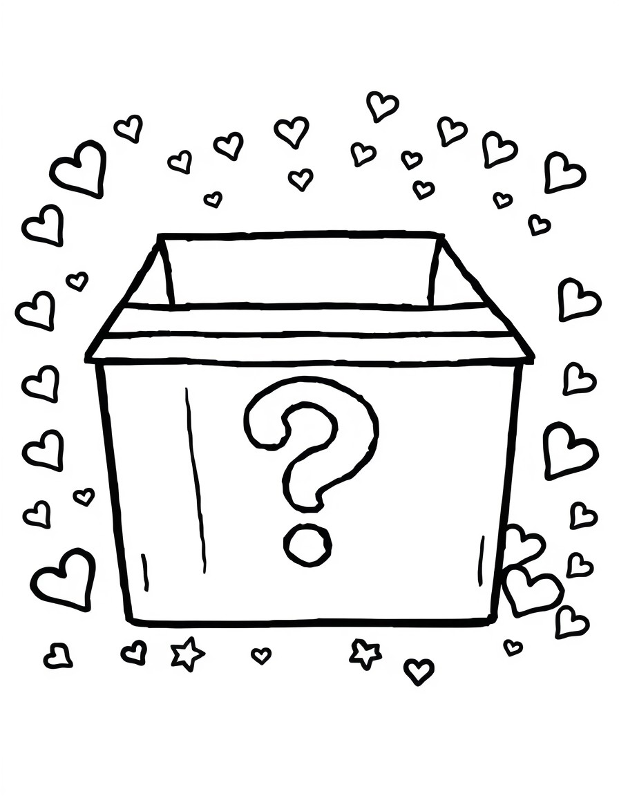 A clean black-and-white illustration of a blind box surrounded by small mystery items like stars hearts and question marks. The blind box has bold outlines a large question mark on the front and a rib