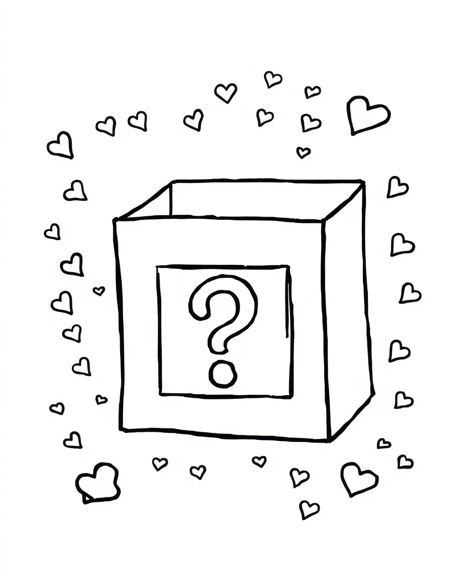 A clean black-and-white illustration of a blind box surrounded by small mystery items like stars hearts and question marks. The blind box has bold outlines a large question mark on the front and a rib