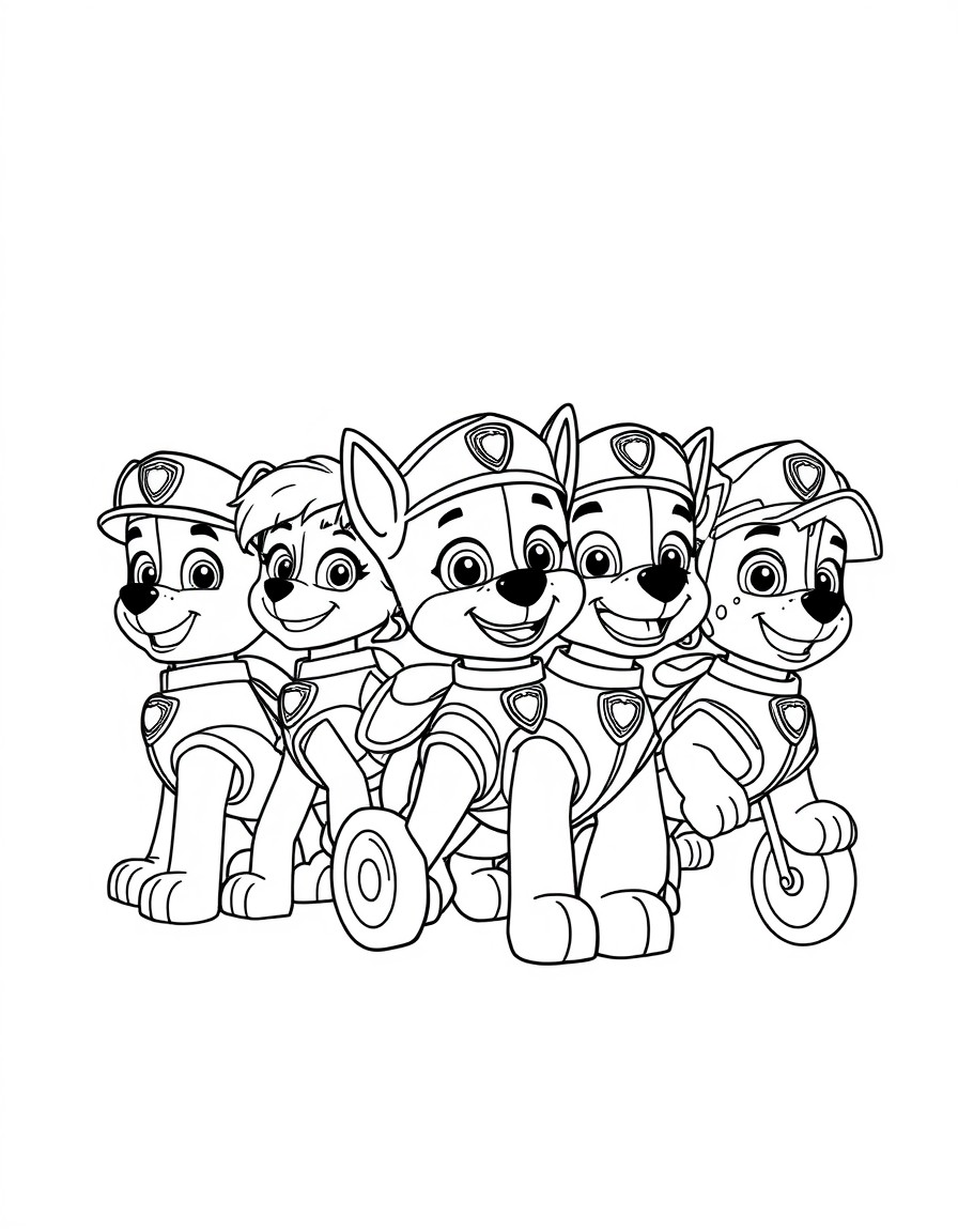 the paw patrol crew with a new kid name Eithan that have a similar custom as rider and also a vehicle.  make all of them ride together in a horizontal line that behind them there the paw patrol light