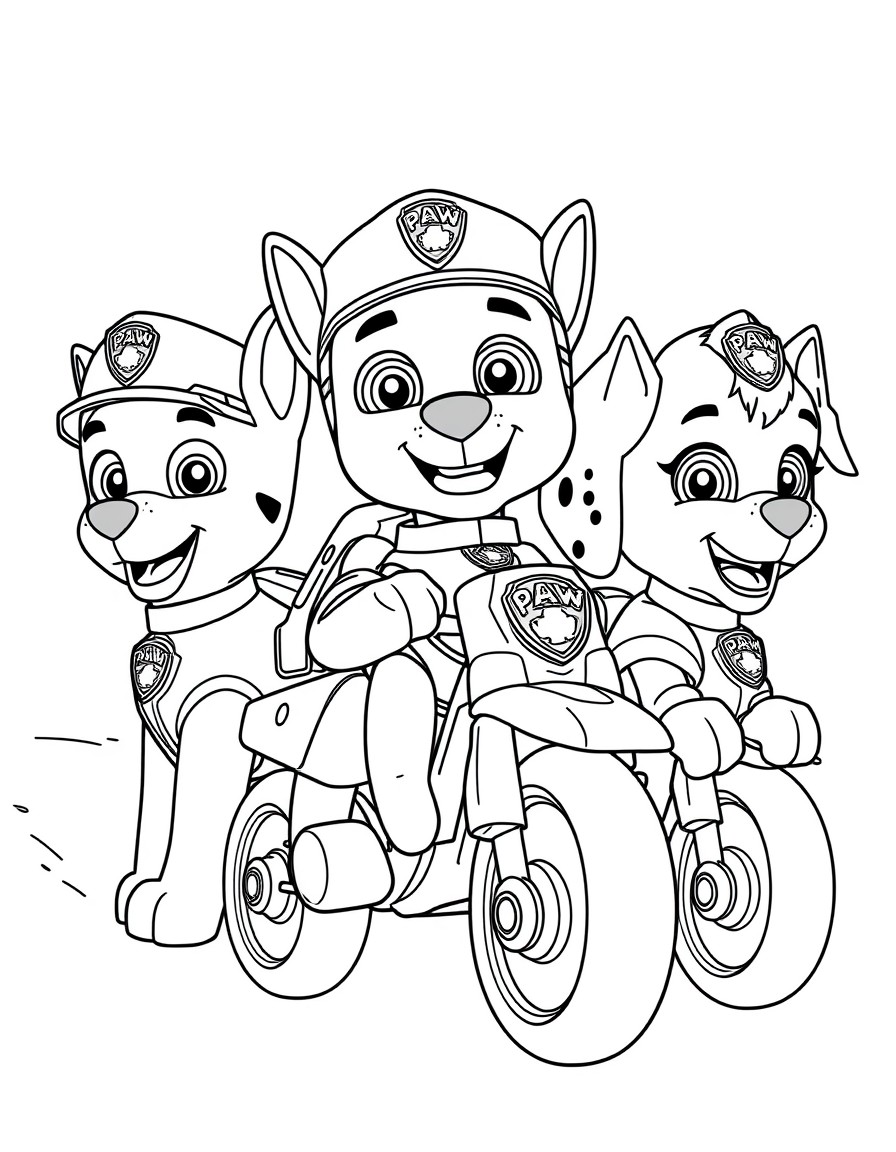 the paw patrol crew with a new kid name Eithan that have a similar custom as rider and also a vehicle.  make all of them ride together in a horizontal line that behind them there the paw patrol light