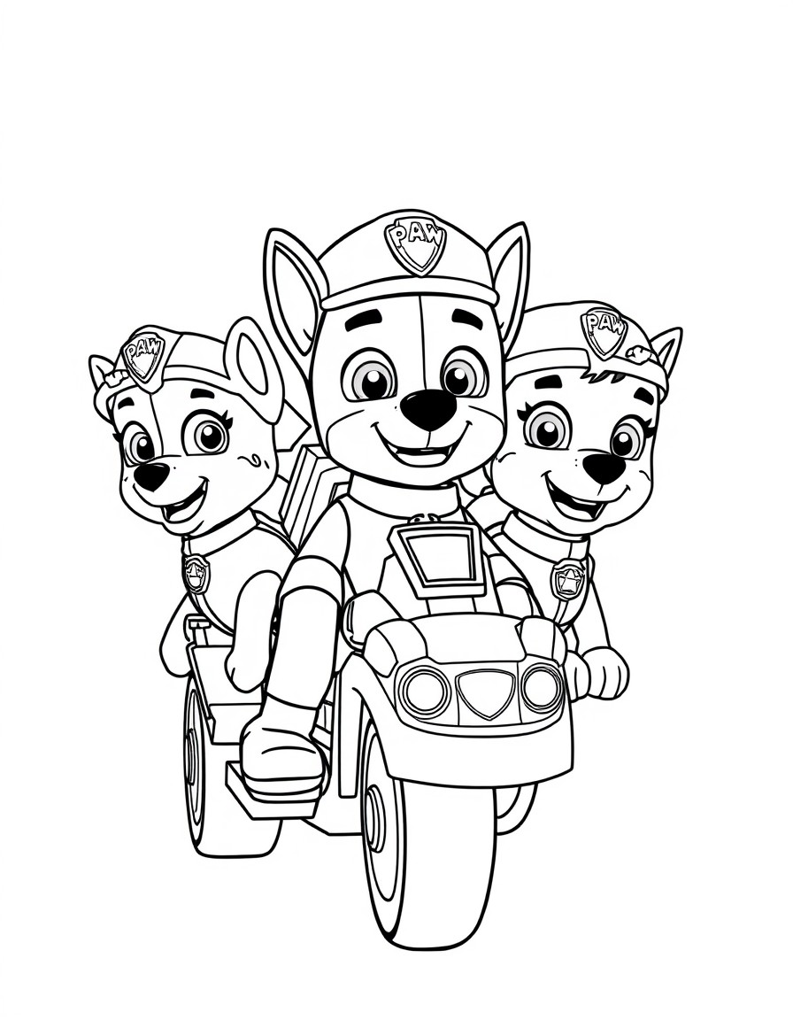 the paw patrol crew with a new kid name Eithan that have a similar custom as rider and also a vehicle.  make all of them ride together in a horizontal line that behind them there the paw patrol light