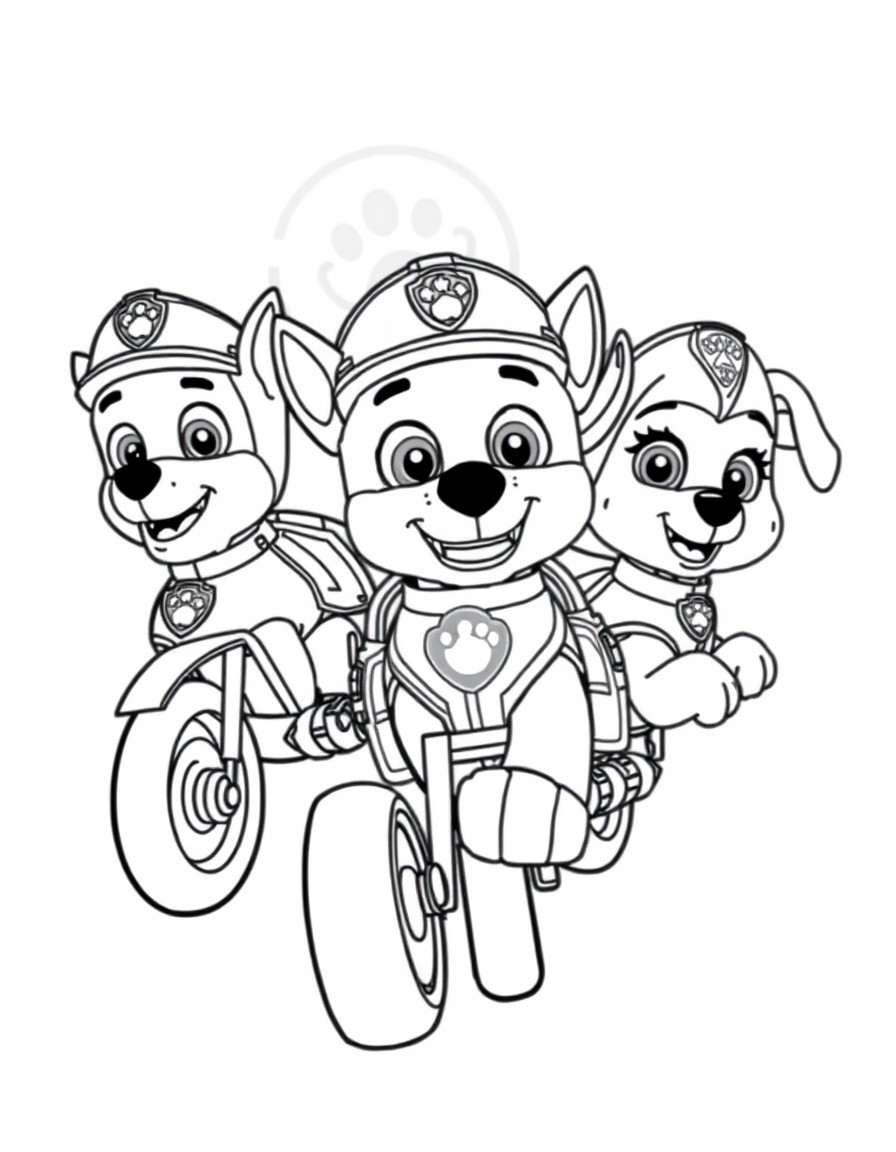 the paw patrol crew with a new kid name Eithan that have a similar custom as rider and also a vehicle.  make all of them ride together in a horizontal line that behind them there the paw patrol light