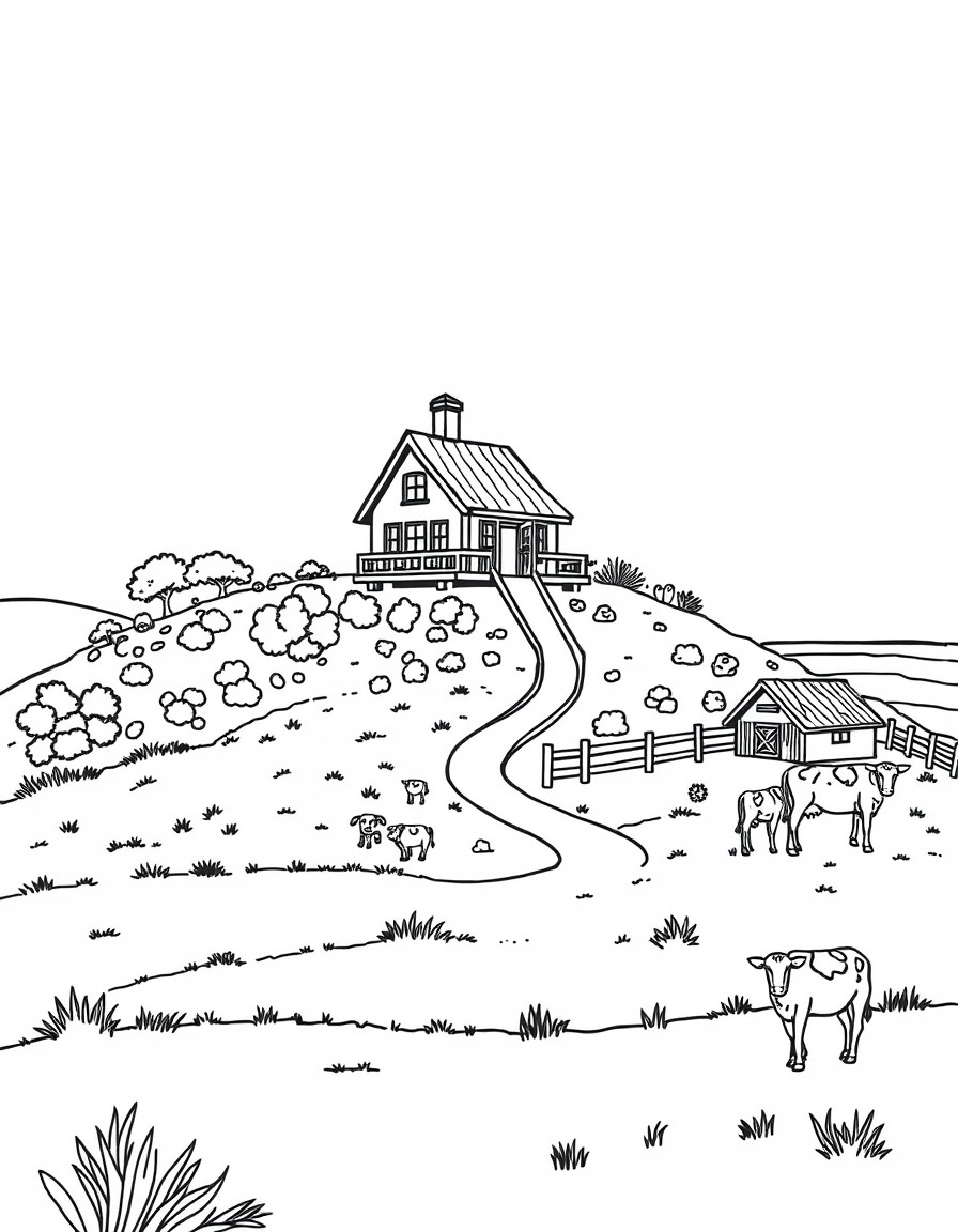 make a house on a hill with a slide near the beach and a small farm with cows