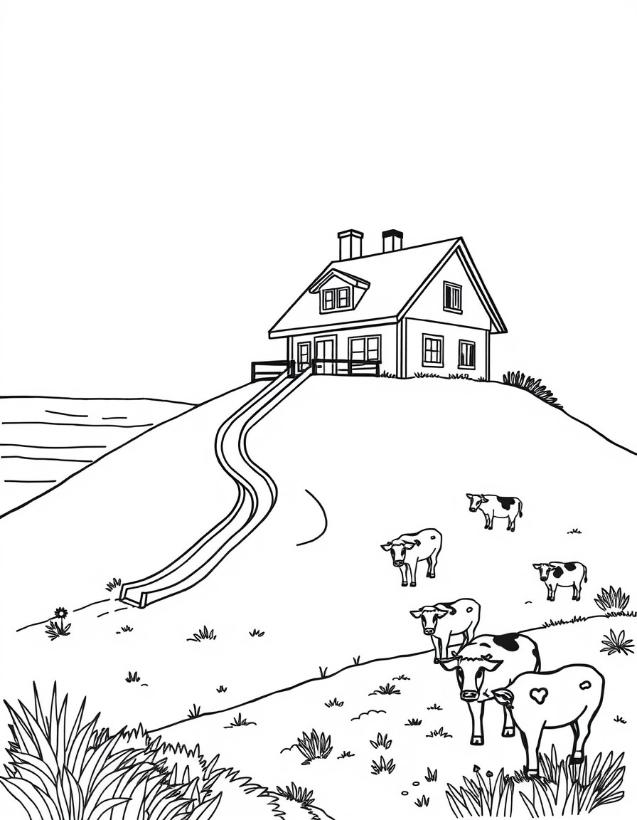 make a house on a hill with a slide near the beach and a small farm with cows