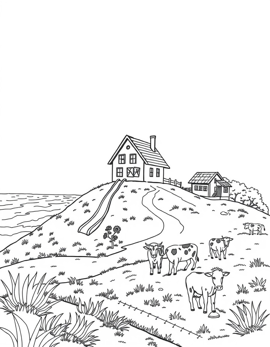 make a house on a hill with a slide near the beach and a small farm with cows