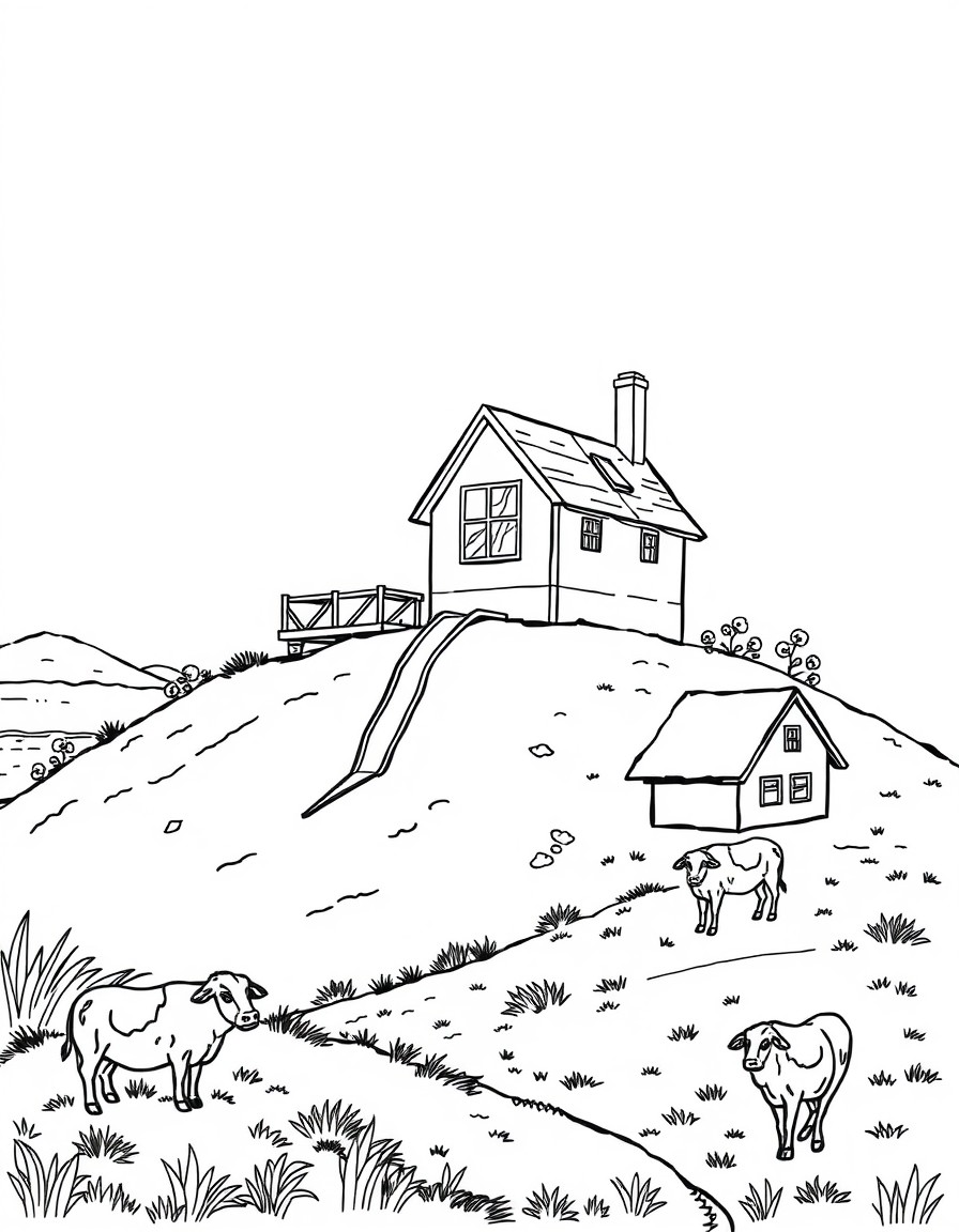 make a house on a hill with a slide near the beach and a small farm with cows