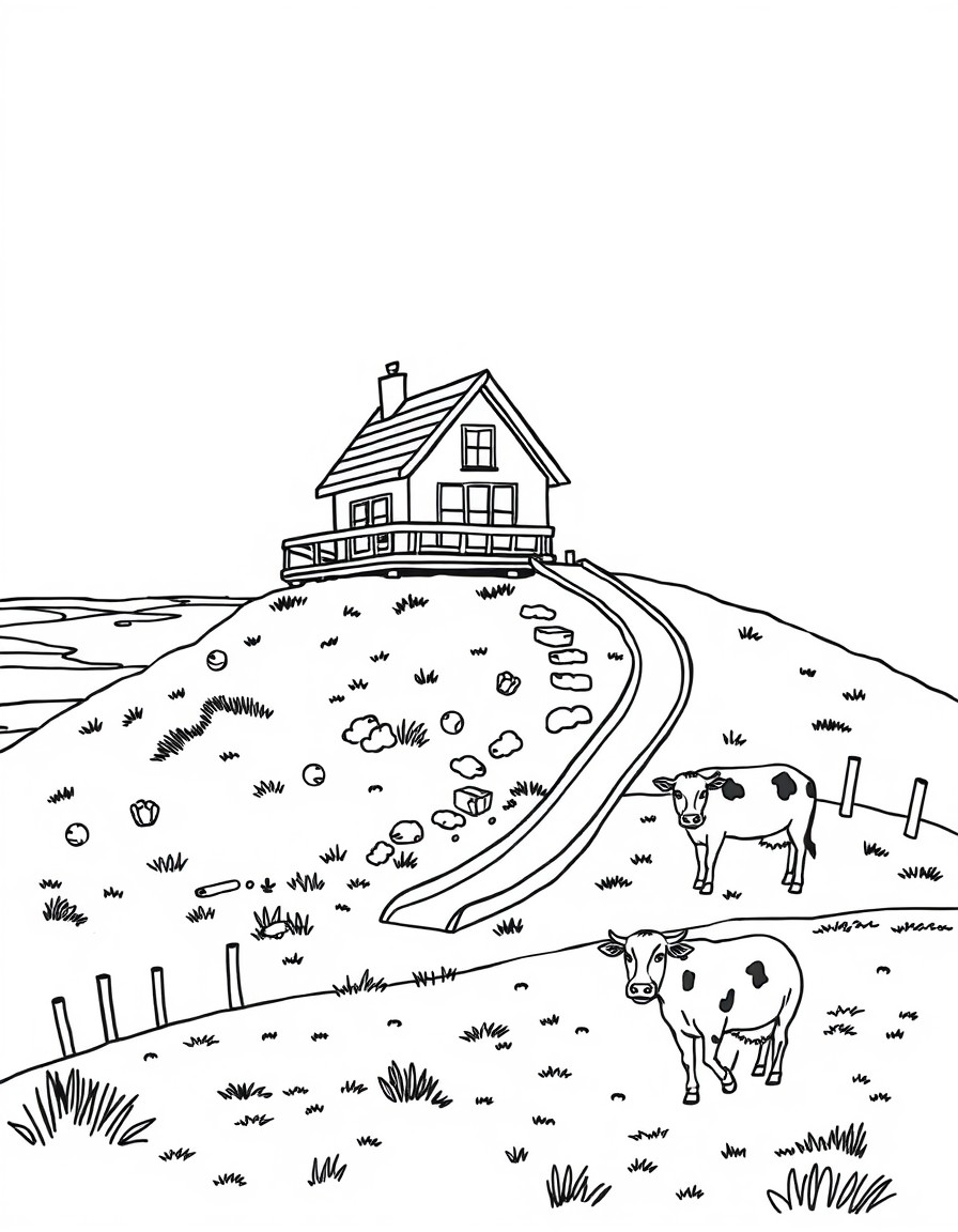 make a house on a hill with a slide near the beach and a small farm with cows