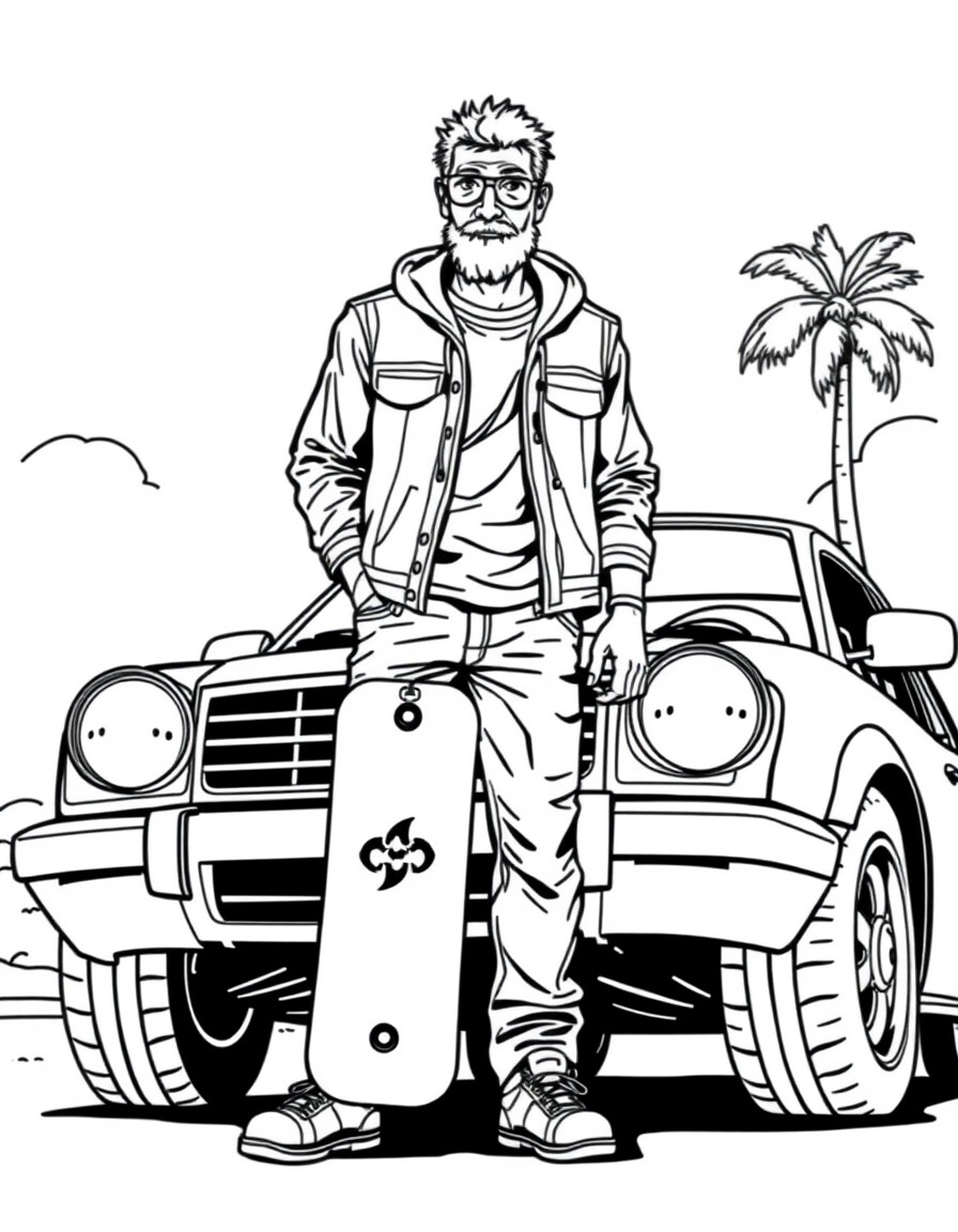 a skater dude standing by a car.