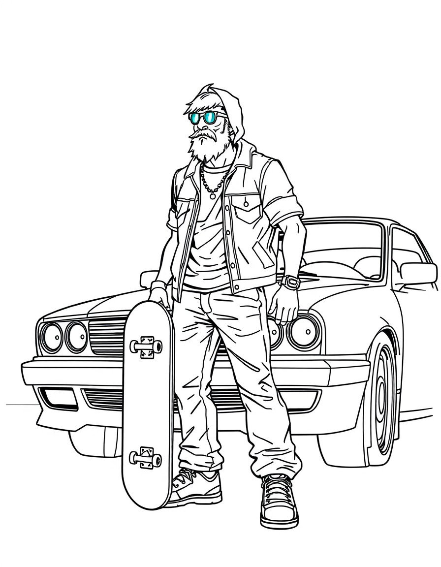 a skater dude standing by a car.