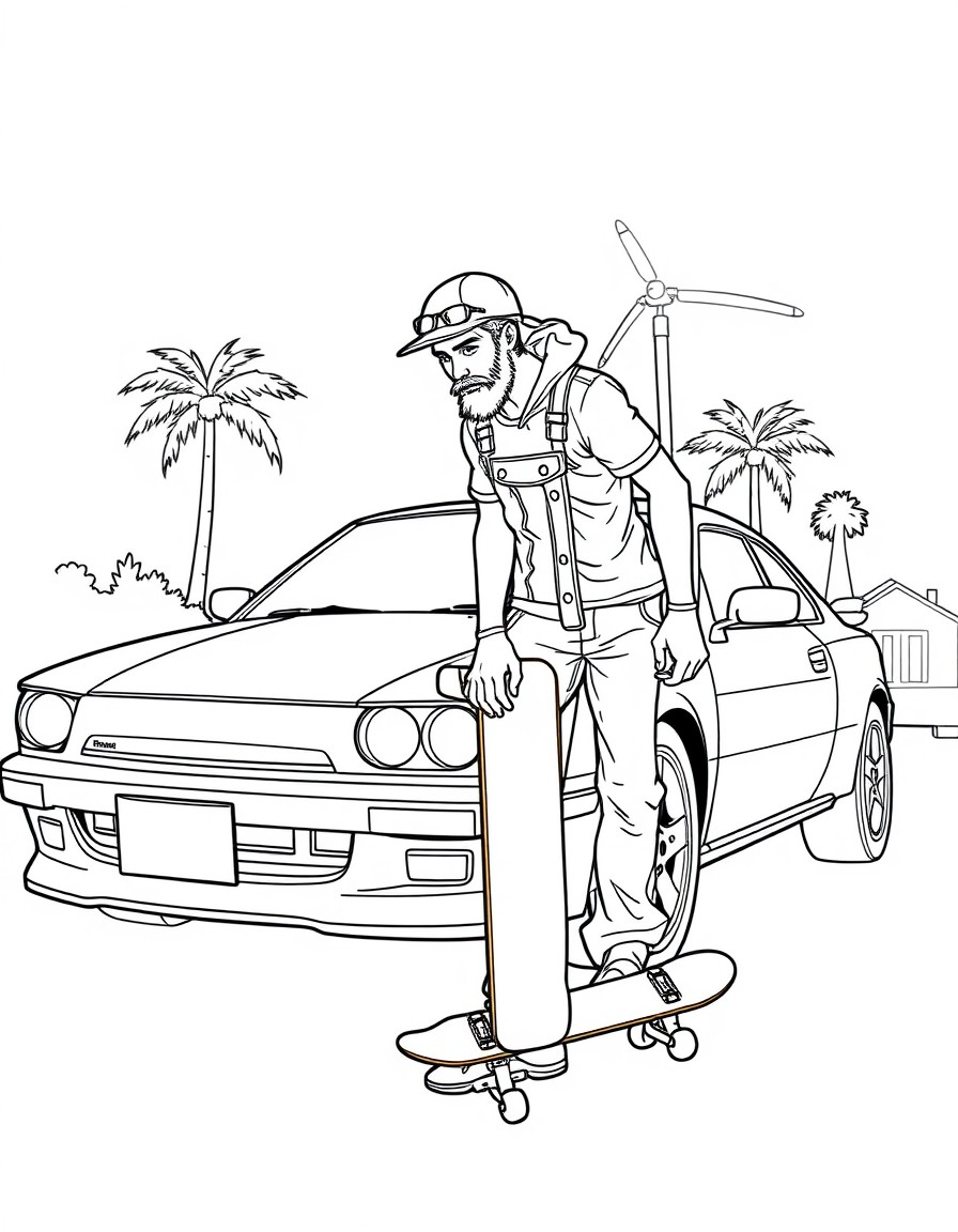 a skater dude standing by a car.
