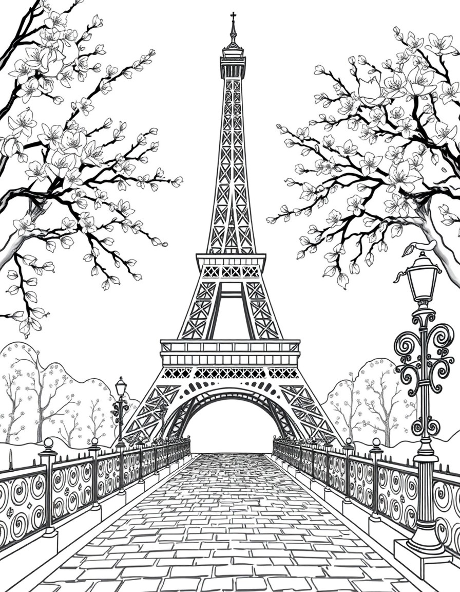 Create a detailed illustration of the Eiffel Tower in Paris France. Surround the tower with blooming cherry blossoms and intricate wrought-iron fencing. Include a cobblestone pathway leading toward th