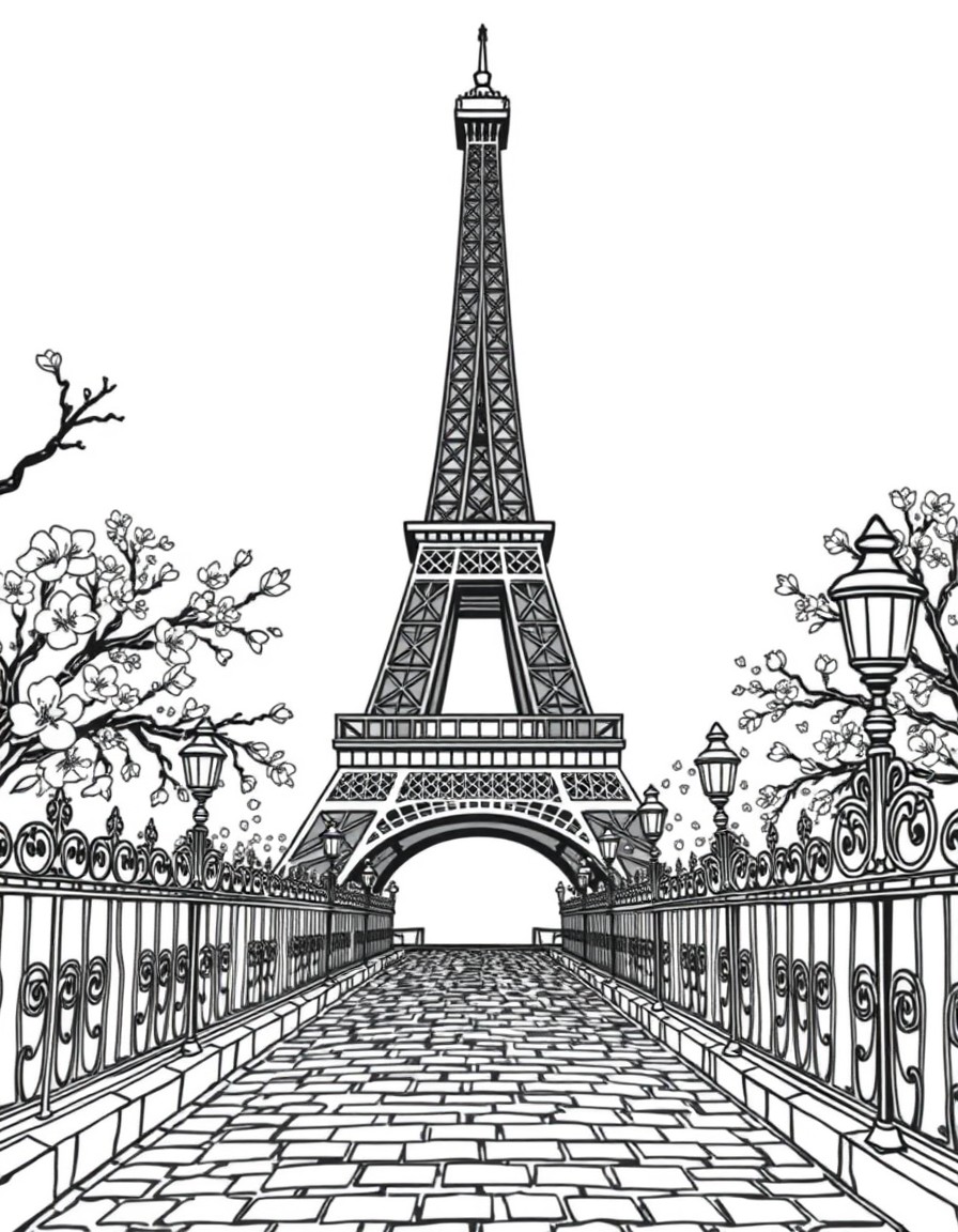 Create a detailed illustration of the Eiffel Tower in Paris France. Surround the tower with blooming cherry blossoms and intricate wrought-iron fencing. Include a cobblestone pathway leading toward th