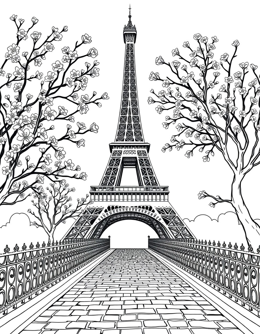 Create a detailed illustration of the Eiffel Tower in Paris France. Surround the tower with blooming cherry blossoms and intricate wrought-iron fencing. Include a cobblestone pathway leading toward th