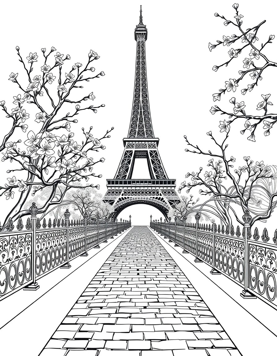 Create a detailed illustration of the Eiffel Tower in Paris France. Surround the tower with blooming cherry blossoms and intricate wrought-iron fencing. Include a cobblestone pathway leading toward th