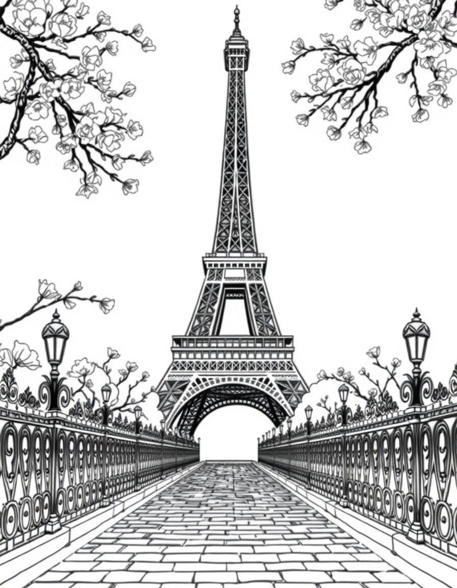 Create a detailed illustration of the Eiffel Tower in Paris France. Surround the tower with blooming cherry blossoms and intricate wrought-iron fencing. Include a cobblestone pathway leading toward th