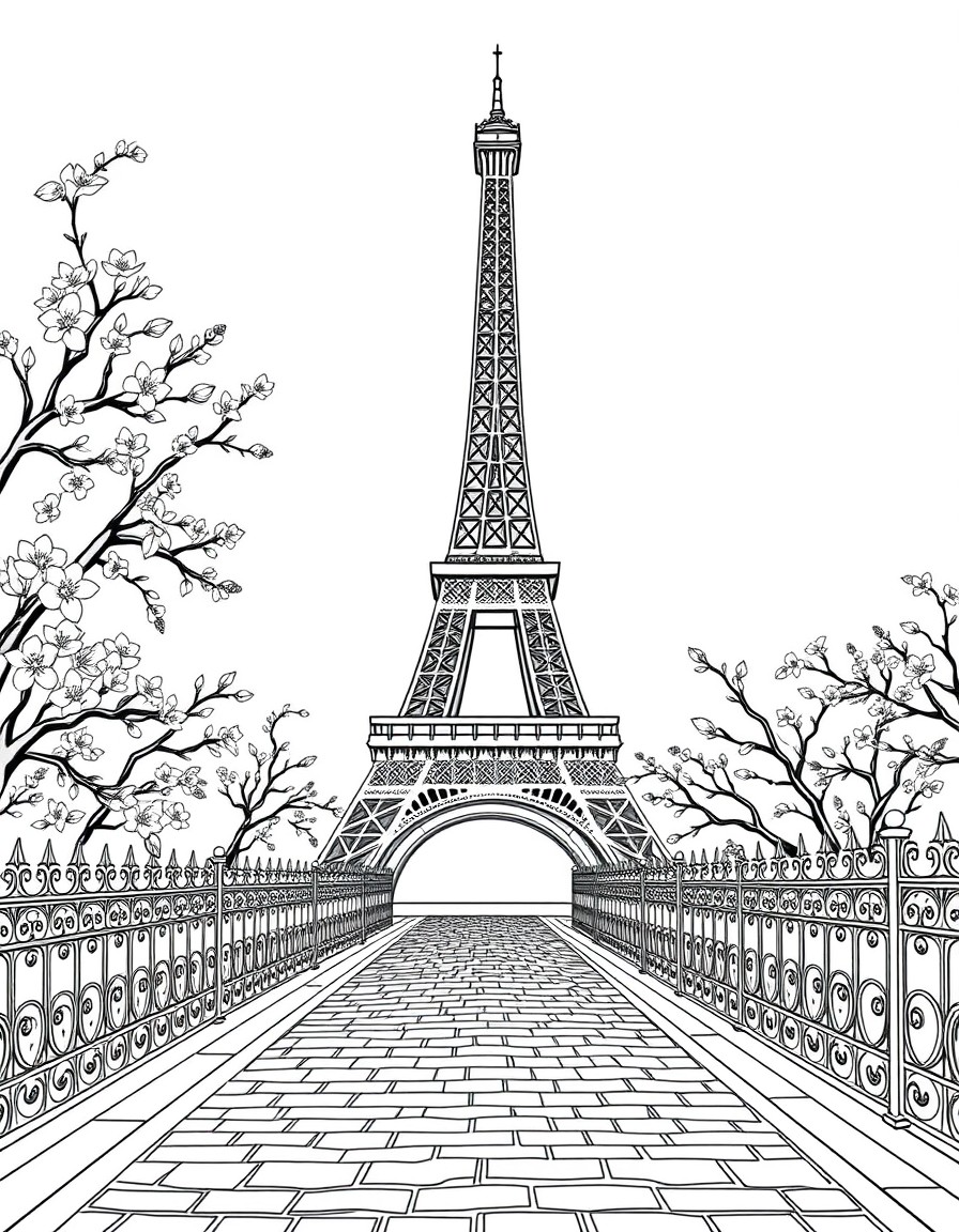 Create a detailed illustration of the Eiffel Tower in Paris France. Surround the tower with blooming cherry blossoms and intricate wrought-iron fencing. Include a cobblestone pathway leading toward th